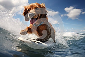 Adventurous Dog funny riding surfboard. Generate Ai