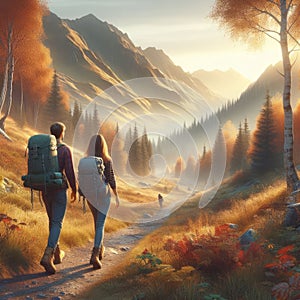 Adventurous Duo: Couple\'s Morning Expedition in the Mountains
