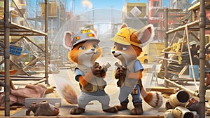 Adventurous Foxes Surrounded by Wooden Scaffolding - Photorealistic Illustrations of Curious Vulpine Explorers