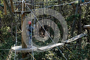 Adventurous Girl Having Fun on Treetop Obstacle Course