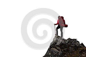 Adventurous Girl Hiker With Hands Up on top of a Steep Rocky Cliff