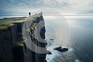 Adventurous Girl stands edge cliff nature. Generate Ai