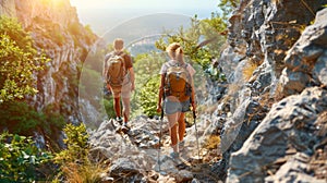 Adventurous group hiking in mountains at sunset outdoor travel and tourism exploration