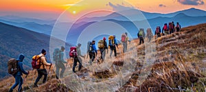 Adventurous group of people hiking together in the mountains at sunset during a summer trek