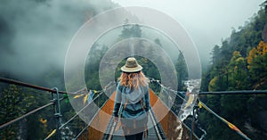 Adventurous hiker crosses misty suspension bridge, immersing in nature\'s tranquility and mystique.