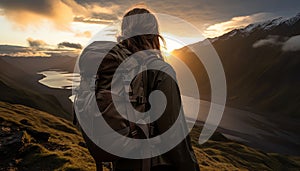 Adventurous hiker standing on majestic mountain summit, admiring breathtaking valley view