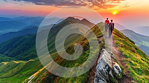 Adventurous hikers on a mountain sunset trek in summer, active outdoor tourism activity