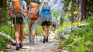 Adventurous hikers on a sunset mountain trek in summer active tourism and outdoor exploration
