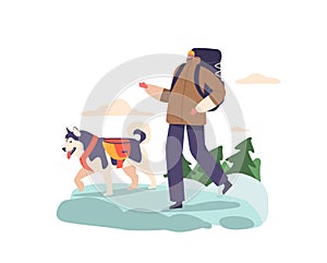 Adventurous Man Conquers Mountains, Accompanied By his Faithful Four-legged Companion, Vector Illustration