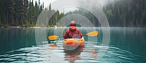 Adventurous Man Glides Across Serene Lake In Colorful Canoe