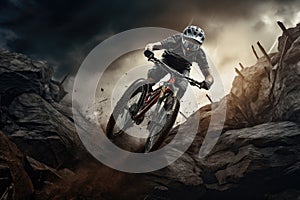 An adventurous man rides his bike on top of a rocky hillside, enjoying the natural scenery and staying fit., Mountain bike rider