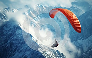 An adventurous man soars through the sky on a paraglider, embracing the thrill and freedom of flight over snow mountains