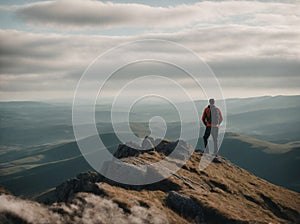 Adventurous Man Standing on Mountain Summit With Backpack. Generative AI.