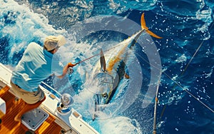 An adventurous man on a yacht skillfully reels in a big tuna, capturing the thrill and excitement of deep-sea fishing.