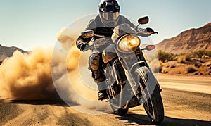 Adventurous Motorcyclist Riding with Speed on a Dusty Road, Kicking Up Dirt in a Dynamic Action Shot