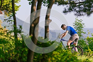 Adventurous mountain biker riding his bike fast through the woods  forest  while enjoying the green nature