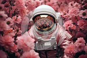 Adventurous Pink flowers astronaut. Generate Ai
