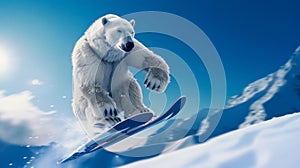 Adventurous Polar Bear Snowboarding in the Arctic. Generative ai