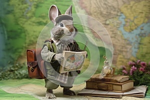 Adventurous Rabbit Cartographer with World Map photo