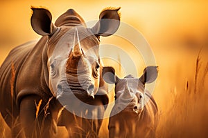 Adventurous safari. Capturing the magnificence of a black rhinoceros family in their natural habitat