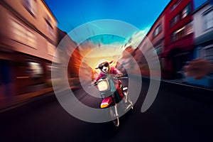 Adventurous Sheep on Motorcycle Speeding in Evening City. Delivery concept.