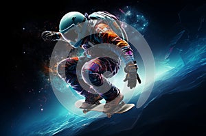 Adventurous Skateboarder in astronaut suit riding. Generate ai