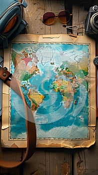 Adventurous spirit Map adorned with traveler essentials and digital tools