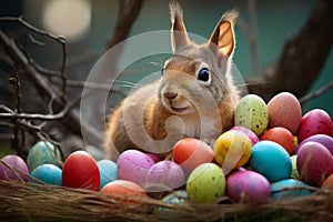 Adventurous Squirrel holding colorful eggs sunny day. Generate Ai