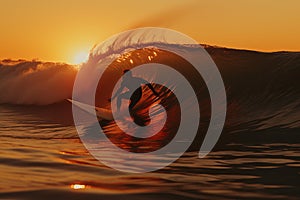 Adventurous surfer riding powerful ocean wave, allowing ample room for customized text placement