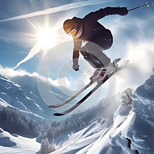 Adventurous thrill: Capturing the exhilaration of a skier\'s jump on the snow-covered mountain slope.