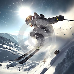 Adventurous thrill: Capturing the exhilaration of a skier\'s jump on the snow-covered mountain slope.