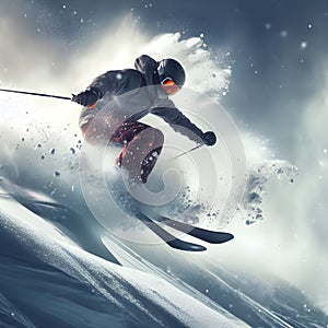 Adventurous thrill: Capturing the exhilaration of a skier\'s jump on the snow-covered mountain slope.