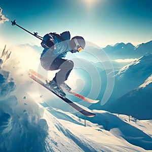 Adventurous thrill: Capturing the exhilaration of a skier\'s jump on the snow-covered mountain slope. photo