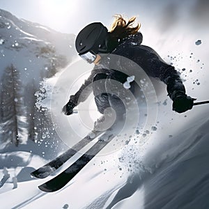 Adventurous thrill: Capturing the exhilaration of a skier\'s jump on the snow-covered mountain slope. photo