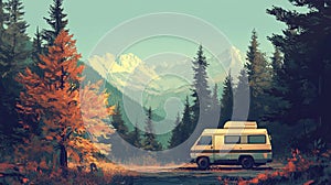 adventurous travel scene with a camper van by the forest.