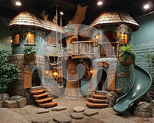Adventurous treehouse-themed playroom with rope bridges slides