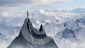 Adventurous Woman Hiker standing on top of icy peak with rocky mountains in background.