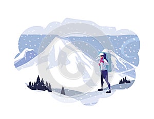 Adventurous woman with travelbag in the snowscape