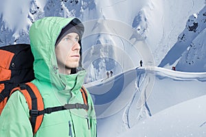 Adventurous young man with backpack standing on mountainside view and looking out. Mountaineering, extreme sport.