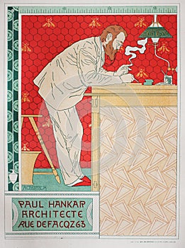 The adverising poster of the architect in the vintage book Les Maitres de L`Affiche, by Roger Marx, 1897