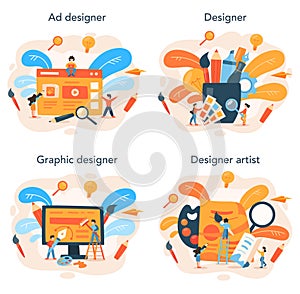 Advert designer or illustrator concept set. Artist creating modern