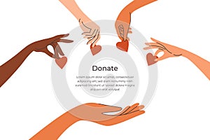 Advert social care vector poster, donation, charity foundation concept with diversity human hands give heart shapes