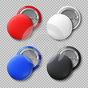 Advertise blank color round metal buttons or badges vector set