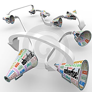 Advertise Bullhorn Megaphones Connected Spreading Marketing Mess