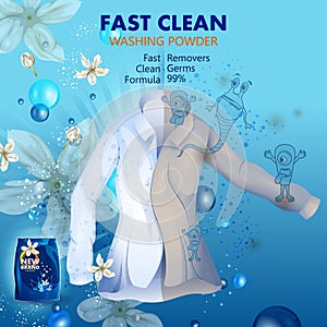 Advertisement banner of stain and dirt remover powder laundry detergent for clean and fresh cloth