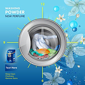 Advertisement banner of stain and dirt remover powder laundry detergent for clean and fresh cloth photo