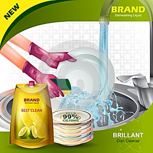 Advertisement banner of tough stain remover liquid Dishwasher for clean and fresh utensil