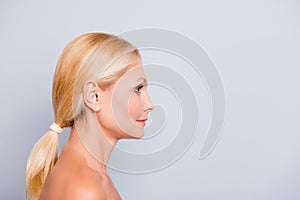 Advertisement concept. Side view, profile, half face portrait wi