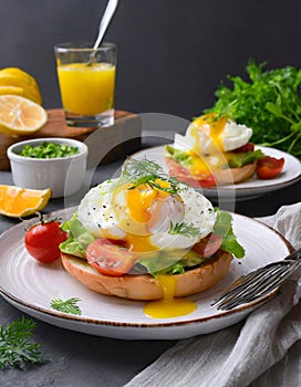 Advertisement food photography. Eggs Benedict. AI art generated