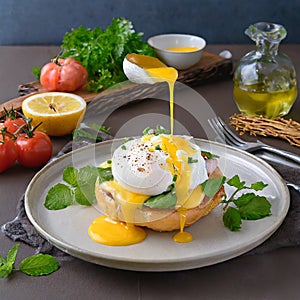 Advertisement food photography. Eggs Benedict. AI art generated